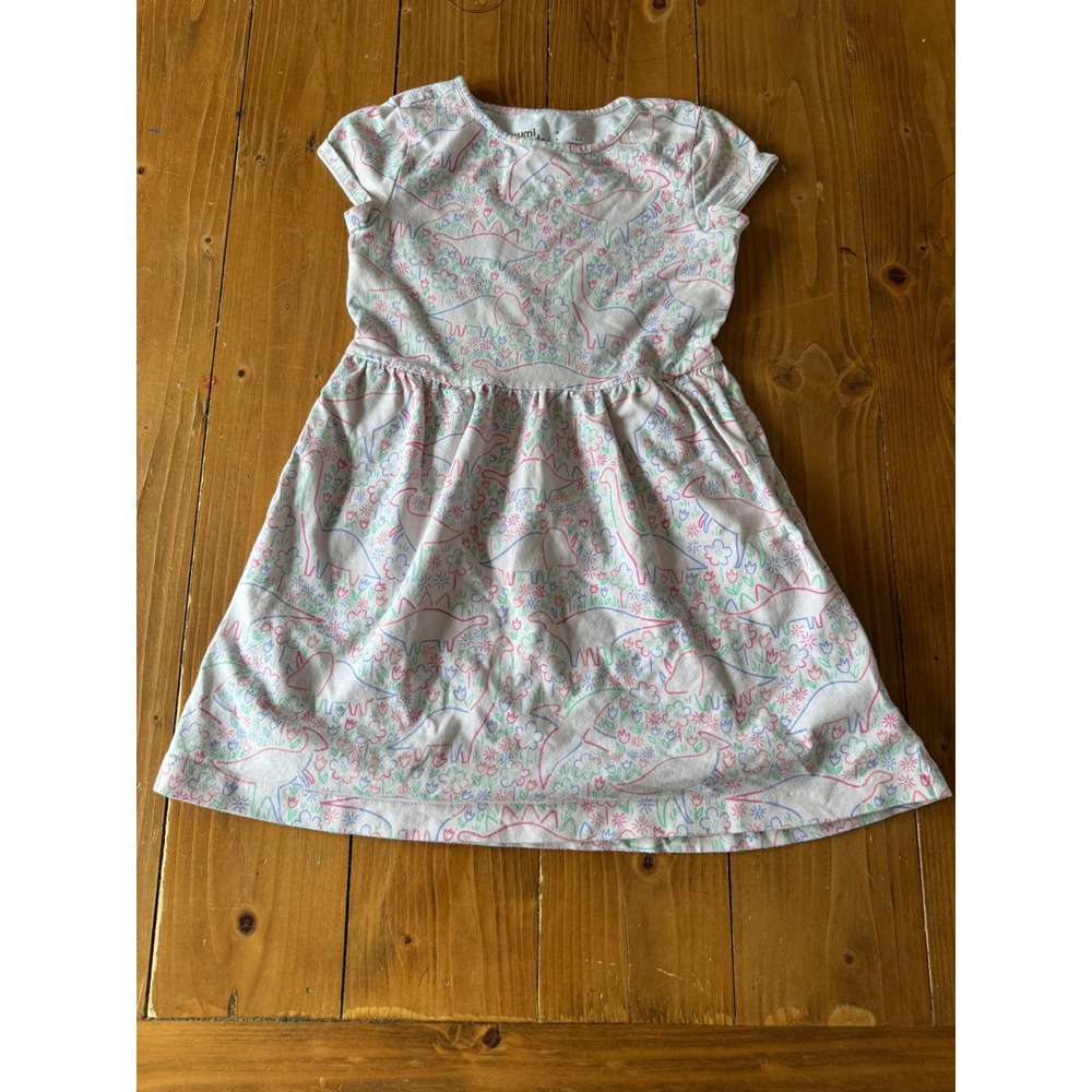Rumi‎ + Ryder Girls White Dinosaur Floral Print Pocket Jersey Dress Size S 6-7